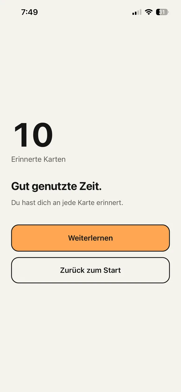 Der Bildschirm nach der Wiederholung mit der Zahl der gewussten Karten.
