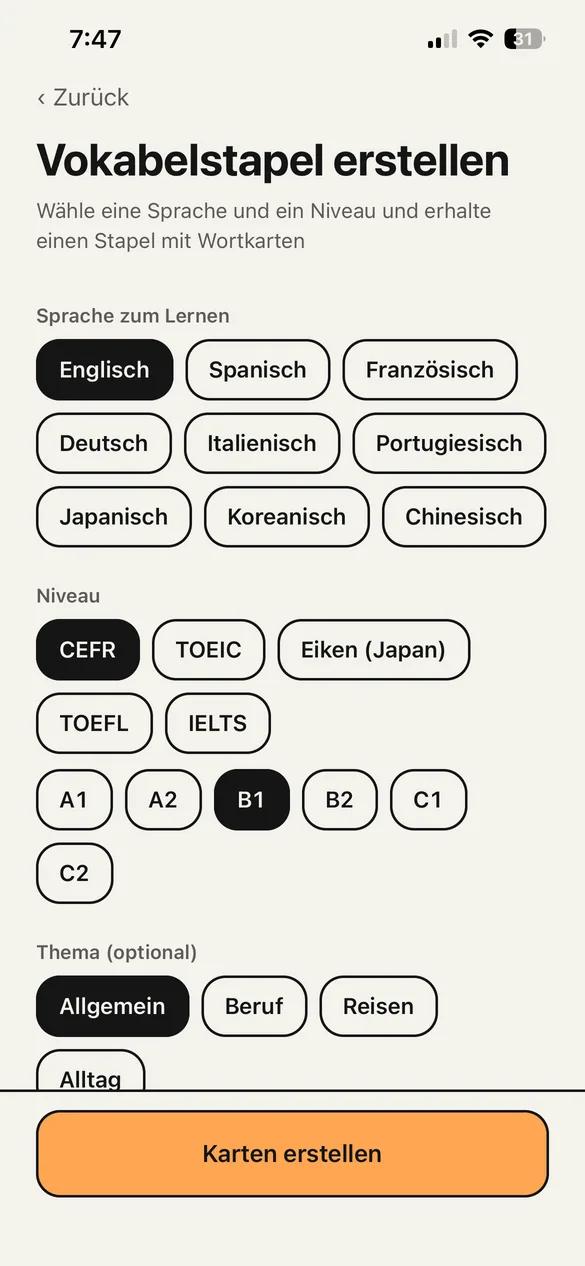Der Bildschirm zum Erstellen eines Vokabelstapels. Man wählt die Sprache, ein Niveau wie CEFR B1 und ein Thema.