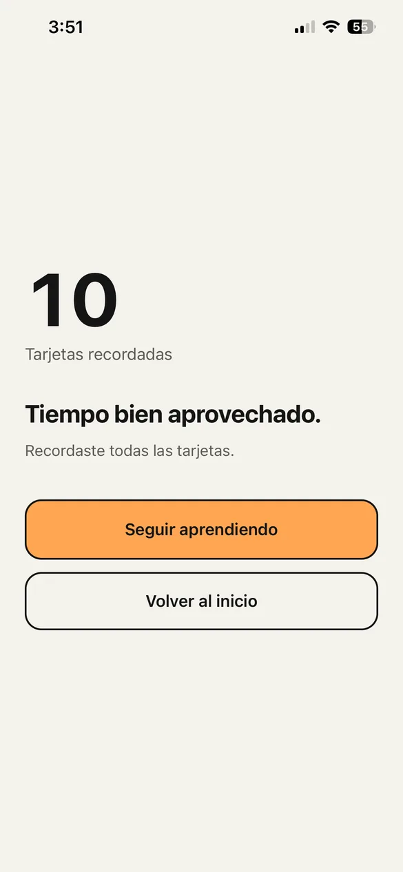 La pantalla al terminar el repaso, con el número de tarjetas recordadas.