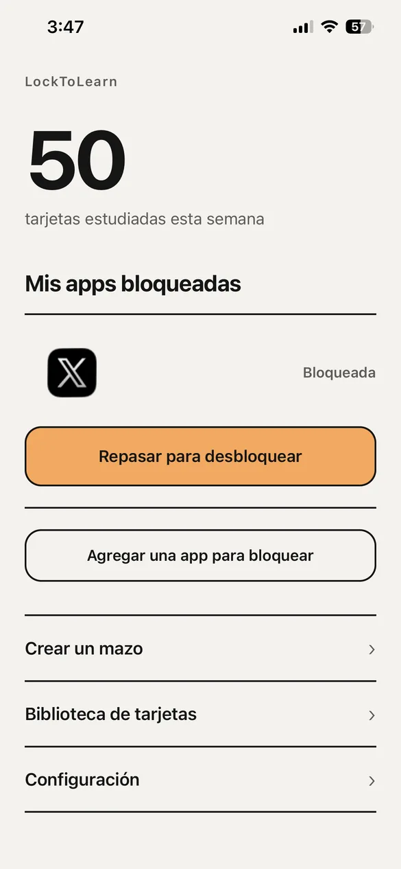 La pantalla de inicio, con las tarjetas estudiadas esta semana y las apps bloqueadas.
