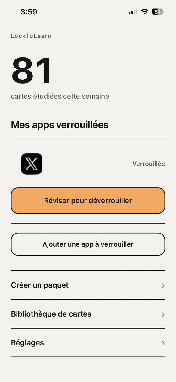 L'écran d'accueil, avec les cartes étudiées cette semaine et les apps verrouillées.