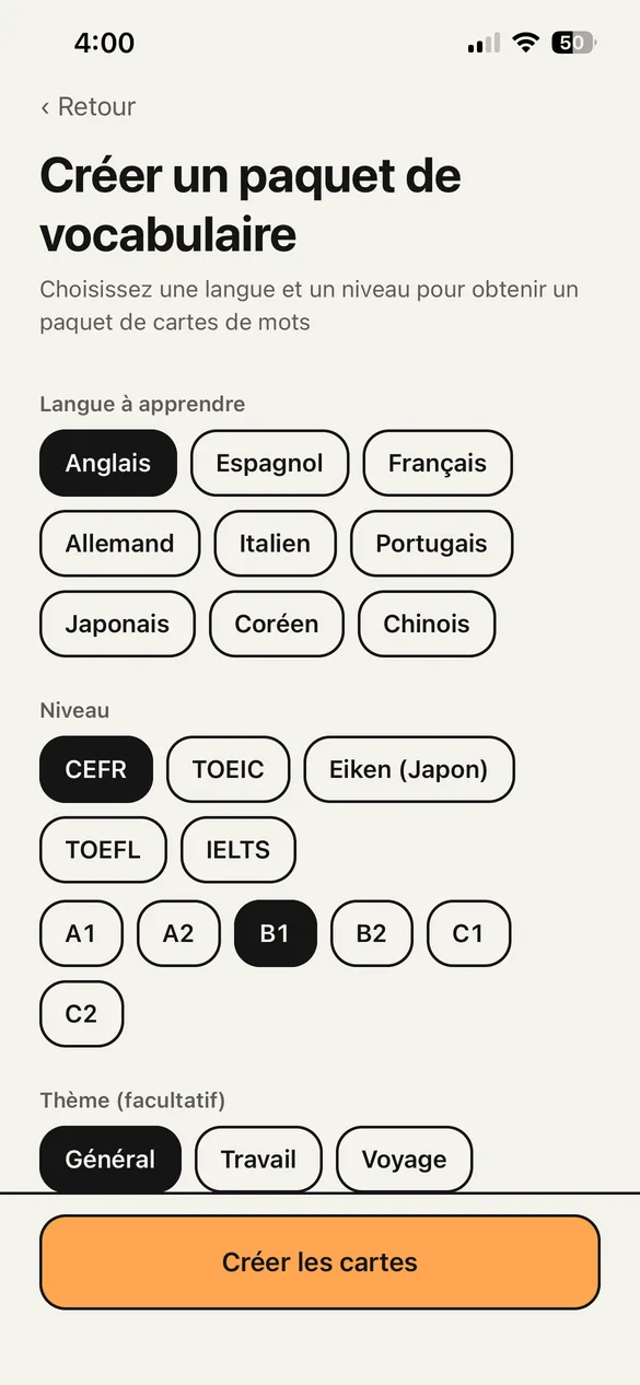 L'écran de création d'un paquet de vocabulaire. On choisit la langue, un niveau comme CEFR B1 et un thème.