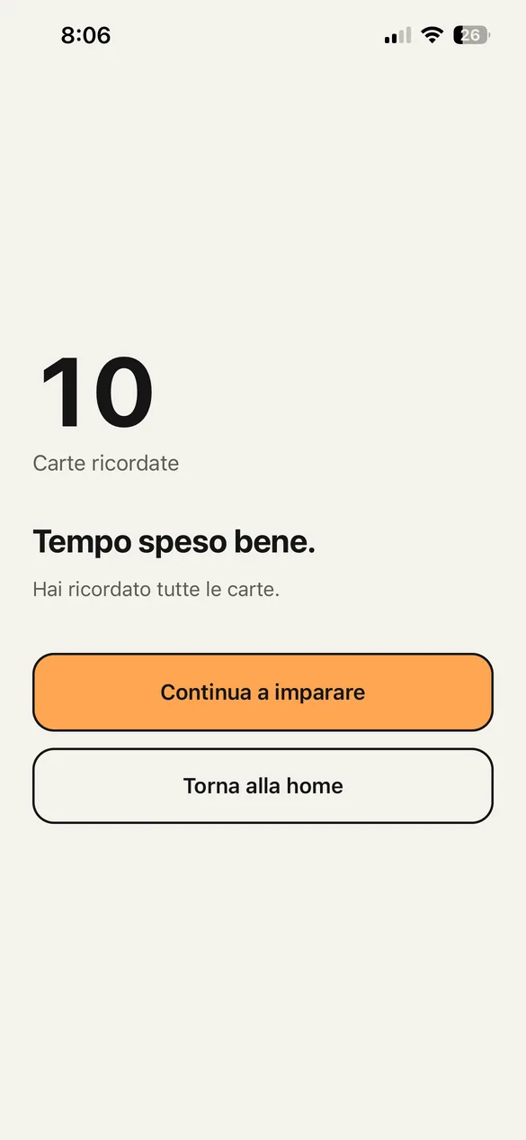 La schermata a fine ripasso, con il numero di carte ricordate.