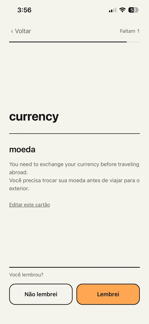 A tela de revisão. Uma palavra em inglês na frente, o significado e um exemplo no verso, e dois botões.