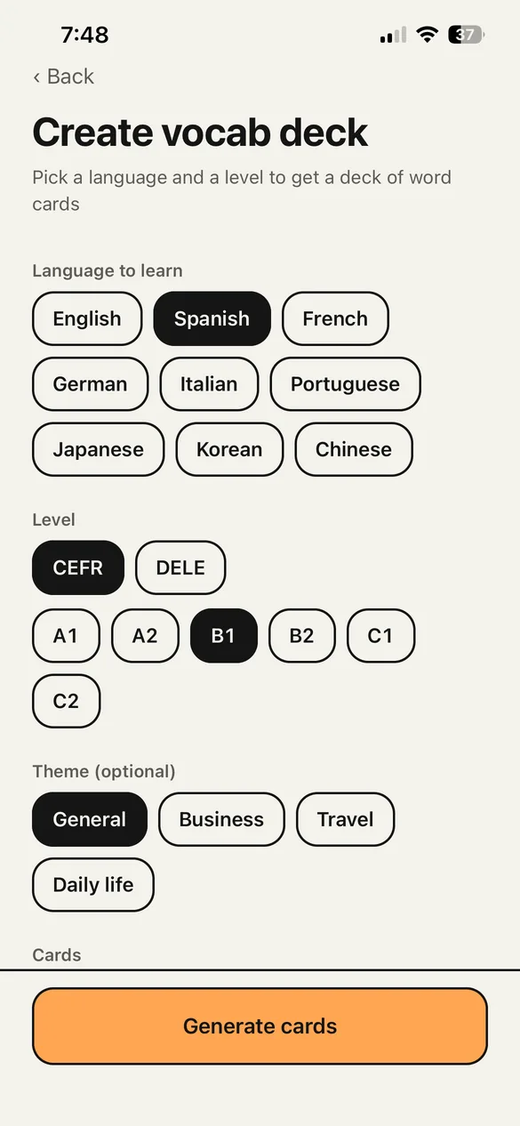 The vocab deck screen. Choose the language to learn, a level such as CEFR B1, and a theme.